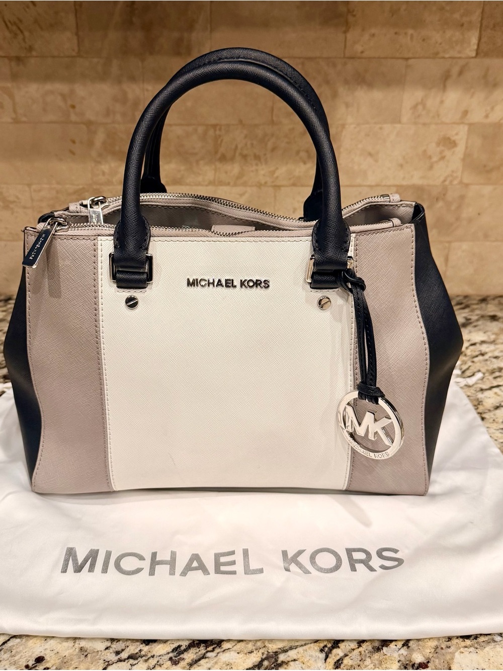 Michael Kors Sutton Black, White & Light Gray Colorblock Satchel